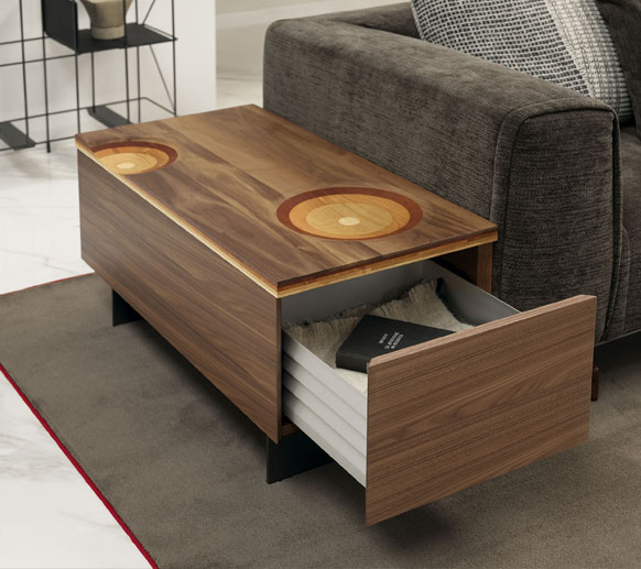 Ripples Box coffee table open next to Coleman sofa